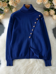 Elegant royal blue knit sweater with turtleneck and decorative gold side buttons