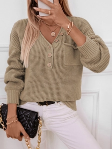 Women American Retro V-Neck Waffle Knit Sweater Loose Casual Long Sleeve Pullover Top With Pocket Polyester Knitwear