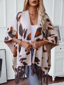 Women's knit leopard print poncho with fringe tassel hem for autumn and winter