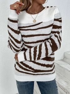 Women's zebra print knit sweater with gold shoulder buttons and round neck style