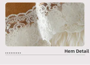 Detailed view of women's knit sweater hem with lace trim and soft white feather accents