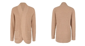 Detail of khaki waffle knit cardigan sweater featuring large pockets and open front