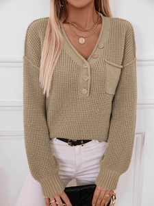 Women's American vintage waffle knit sweater with V-neck and chest pocket in khaki