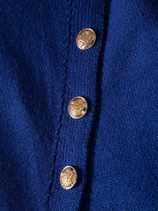 Elegant navy blue knit sweater with vintage gold crown lion crest metal buttons