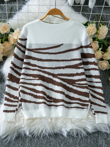 Close-up of zebra pattern knit sweater with ribbed neckline and premium texture
