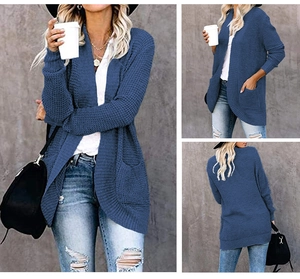 Detailed multi-angle views of blue waffle knit cardigan with functional side pockets