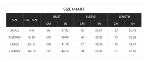 Size chart for knit cardigan sweater featuring US sizes and measurements in CM and IN