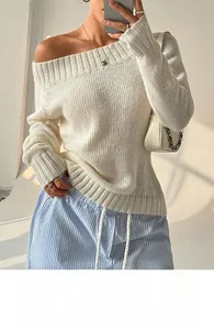 Close-up of white chunky knit sweater texture with off-the-shoulder neckline detail
