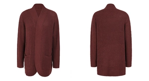 Detail of burgundy chunky knit cardigan with waffle texture and large front pockets