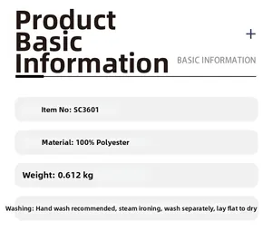 Size chart showing 100% polyester material specifications and item weight SC3601