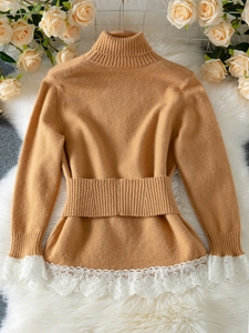 Elegant camel knit sweater with turtleneck lace trim and ribbed waist detailing