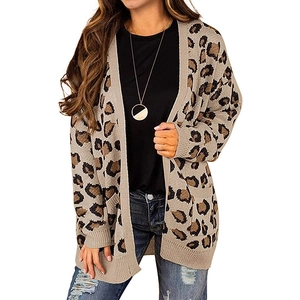 Women's Casual Leopard Print Knit Cardigan Cotton Blend Long Sleeve Open Front Sweater Outerwear With Pockets For Autumn Winter