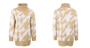 Détails du col et des manches sur un pull beige contrasté avec motif pied-de-poule chic