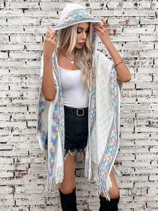 Women's Ethnic Style Hooded Knitted Poncho Bohemian Geometric Pattern Tassel Cape Loose Color Block Winter Outerwear