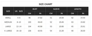 Detailed size chart for women's snowflake knit sweater with US sizes and measurements