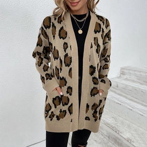Women leopard print open front cardigan with pockets and long sleeves in beige