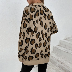 Back view of a loose leopard print knit cardigan with ribbed cuffs and hem on a model
