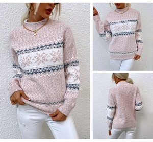 Close-up of Nordic snowflake pattern and ribbed neckline on pink knit sweater