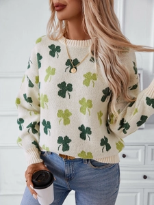 Pull en maille ample pour femme avec motif jacquard trèfle vert et poignets côtelés