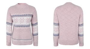 Front and back view of heather pink Christmas knit sweater with snowflake patterns