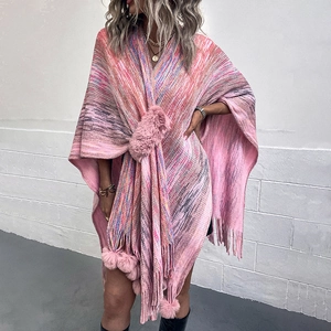 Damen Bohemian Farbblock Strick Poncho Schal Mit Kunstpelz Pompons Quasten V-Ausschnitt Bedruckt Polyester Cape Herbst Mode