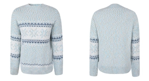 Detailed front and back views of Nordic Fair Isle knit sweater with snowflake patterns