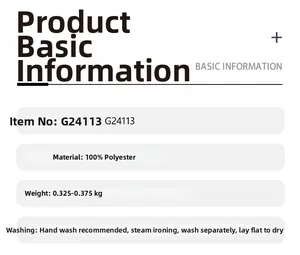 Detail specifications: 100% Polyester material, weight 0.325-0.375 KG, and care instructions