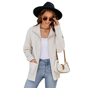 Women's off-white knitted cardigan with collar and zipper detail on white background