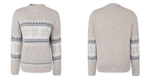 Front and back detail of beige Christmas knit sweater with blue snowflake patterns