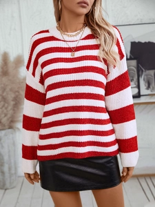Detail of red and white striped chenille sweater with ribbed crew neck and drop shoulder