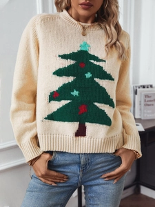 Cozy cream women's knit sweater featuring green Christmas tree pattern and ribbed trims
