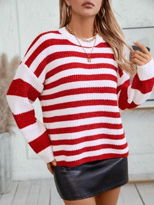 Women's casual striped knit sweater with red and white color blocking and loose fit