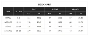 Size chart for women's loose knit cardigan showing US sizes 4-18 with bust measurements
