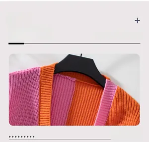 Close-up of the V-neck collar and thick knit texture of the color block cardigan