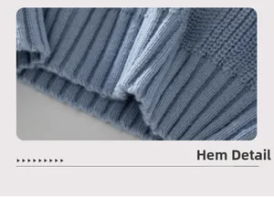 Macro shot of the ribbed hem on this light blue cable-knit sweater for women