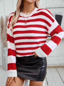 Women's casual striped knit sweater in red and white with ribbed crew neck and long sleeves