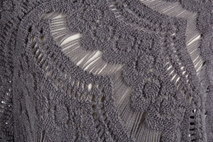 Detailed close-up of dark grey crochet lace knit fabric with hollow pointelle patterns