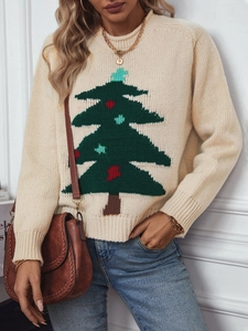 Women's beige Christmas tree knit sweater with crew neck and festive loose fit design