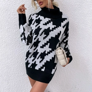 Robe Pull à Col Roulé Pied-de-poule pour Femme Manches Longues Robe Courte en Maille Ample Pull Tunique d'Hiver Automne