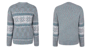 Front and back view of green and pink knit sweater with white snowflake jacquard patterns