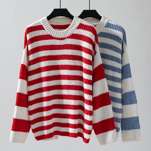Detailed close-up of thick knitted chenille sweaters with striped texture and ribbed crew neck