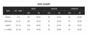 Detailed size chart for long knit cardigan showing bust, sleeve, and length in CM and IN
