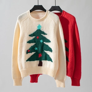 Close-up of knit Christmas tree pattern and texture on festive crewneck sweater