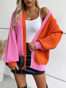 Women's Casual Color Block Knit Cardigan Loose V-Neck Long Lantern Sleeve Polyester Contrast Color Open Front Sweater Coat