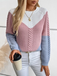 Chunky color-block cable knit sweater in white, pink, and light blue with round neck