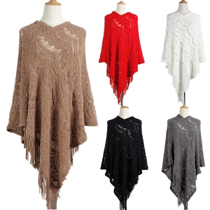 Women's Hollow Out Crochet Tassel Poncho Shawl Solid Color V-Neck Knit Hooded Cape Sweater Bohemian Wrap Top