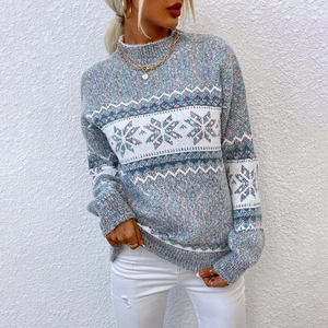 Women's blue snowflake knit sweater with a semi-high collar for winter season