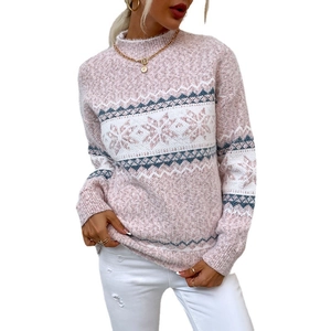 Women's pink and white snowflake knit sweater with a cozy semi-high collar for winter