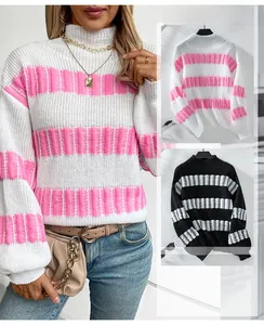 Detail of soft fuzzy stripes and high neck collar on oversized knitted sweater