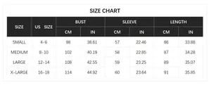 Detailed size guide table with measurements in cm and inches for long knit cardigan